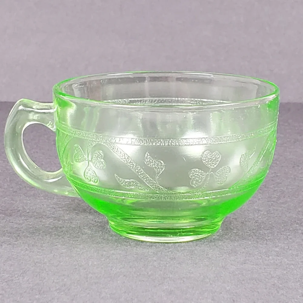 Hazel-Atlas Cloverleaf Green Uranium Depression Glass Tea Cup and Saucer Set
